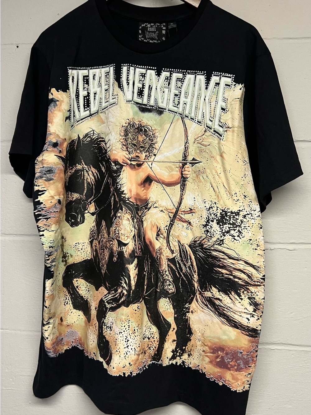 Rebel Venegance Black Graphic Tee -Horse Archery Rider Rhinestones Print.